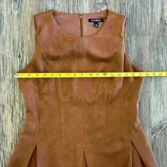 ROZ & ALI Faux Suede Women's 10 Sleeveless Fit and Flare Brown Dress Stretch Zip - Picture 5 of 11